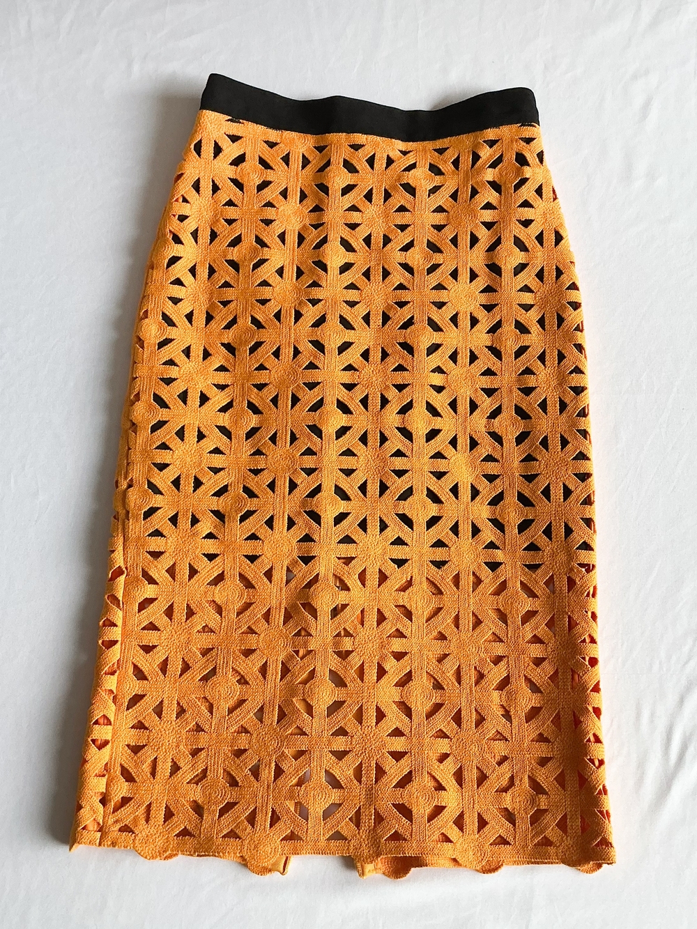 MSGM Orange Crochet Pencil Skirt with Black Waistband